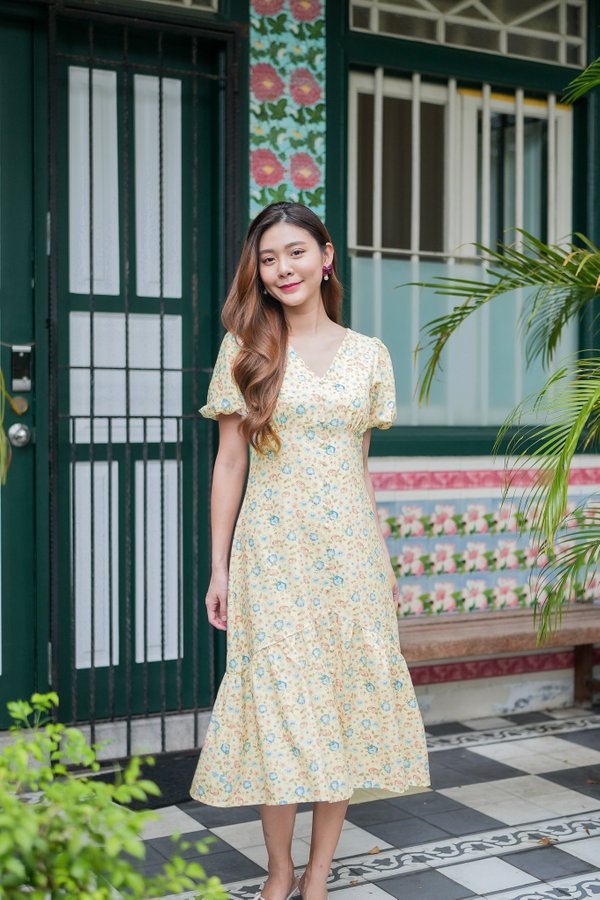  Cherilyn Floral Sleeves Dress In Sunshine Yellow