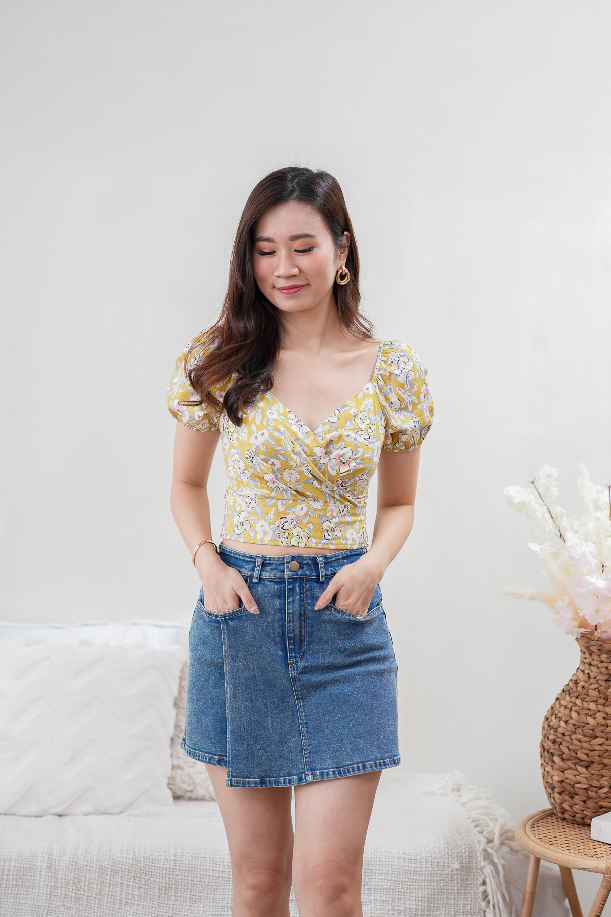yellow floral wrap top