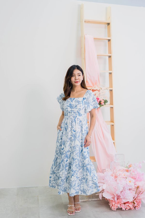 Shanice Prints Flutter Sleeve Dress In Blue