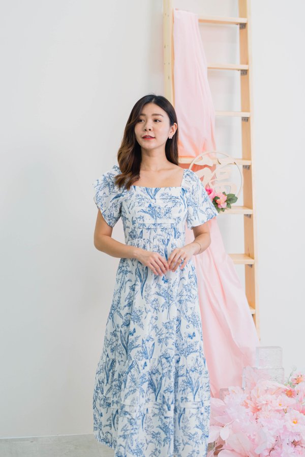 Shanice Prints Flutter Sleeve Dress In Blue