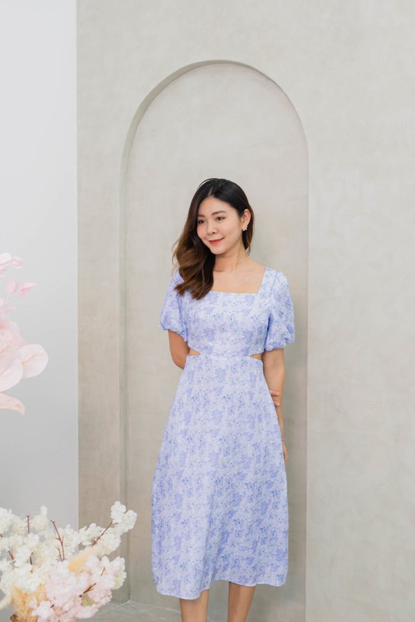 Merdith Premium Emboss Floral Dress In Lilac Blue