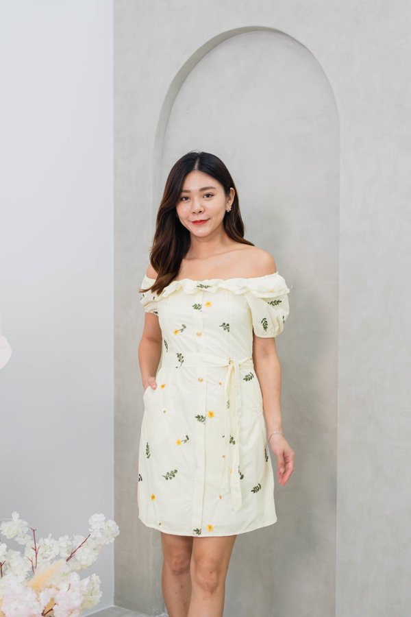 Gracie Off Shoulder Embroidery Dress In Light Yellow