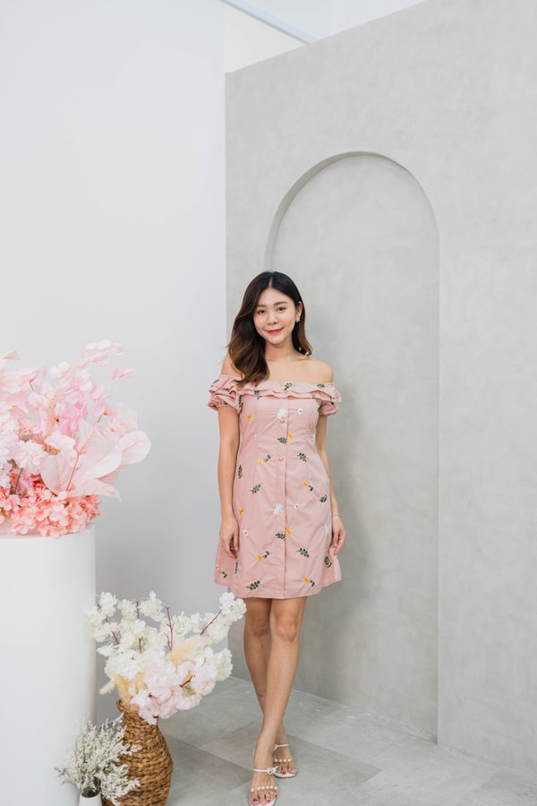 Gracie Off Shoulder Embroidery Dress In Dusty Pink