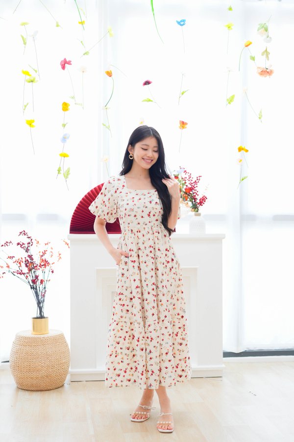 Serene Floral Embroidery Dress In Red