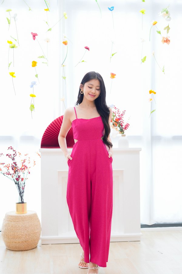 Annalie Straps Cut Out Jumpsuit In Hot Pink