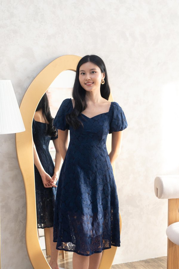 Asher Embroidery Lace Dress In Navy