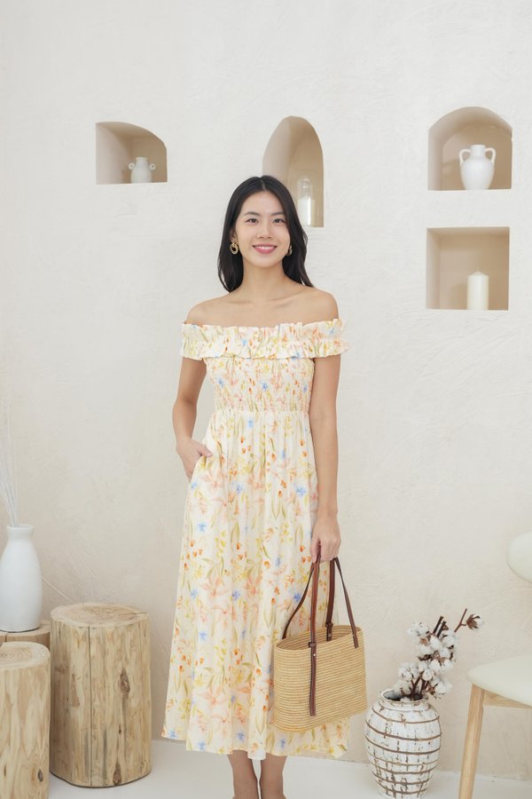 Catherine Off Shoulder Smocked Dress In Yellow Floral