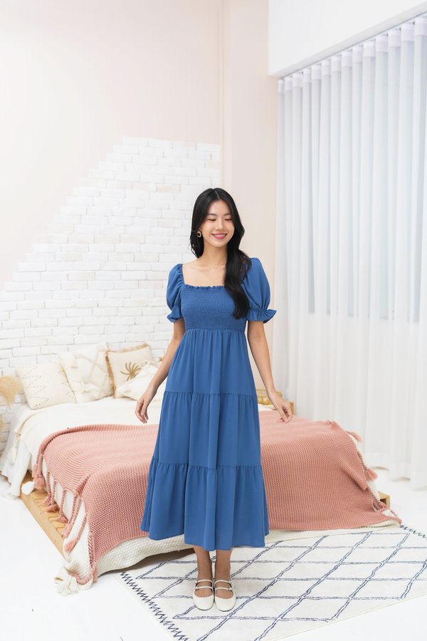 Shayna Tier Smocked Dress In Blue