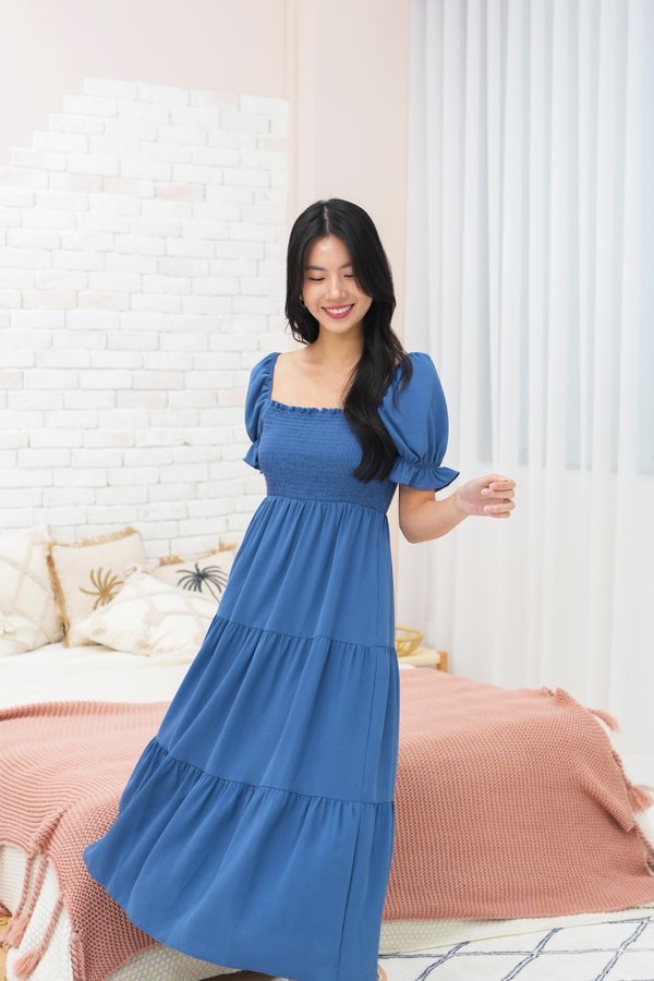Shayna Tier Smocked Dress In Blue