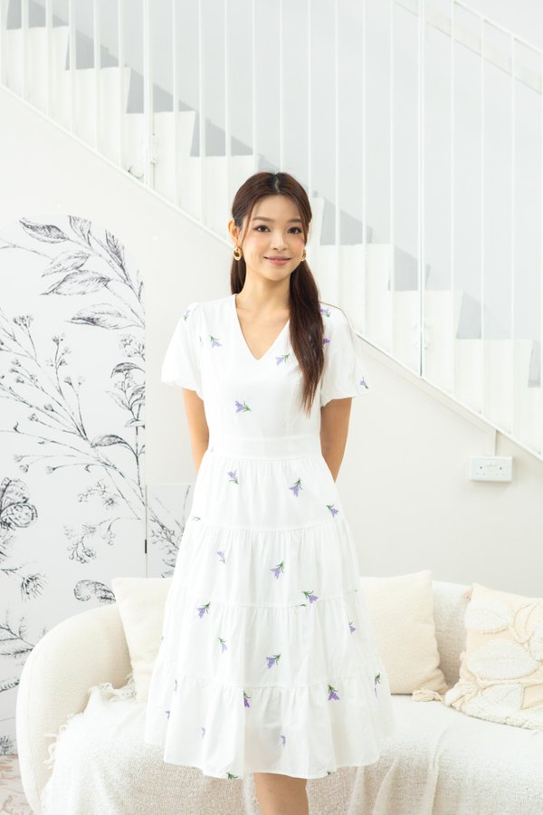 Veronica Lavender Embroidery Dress In White