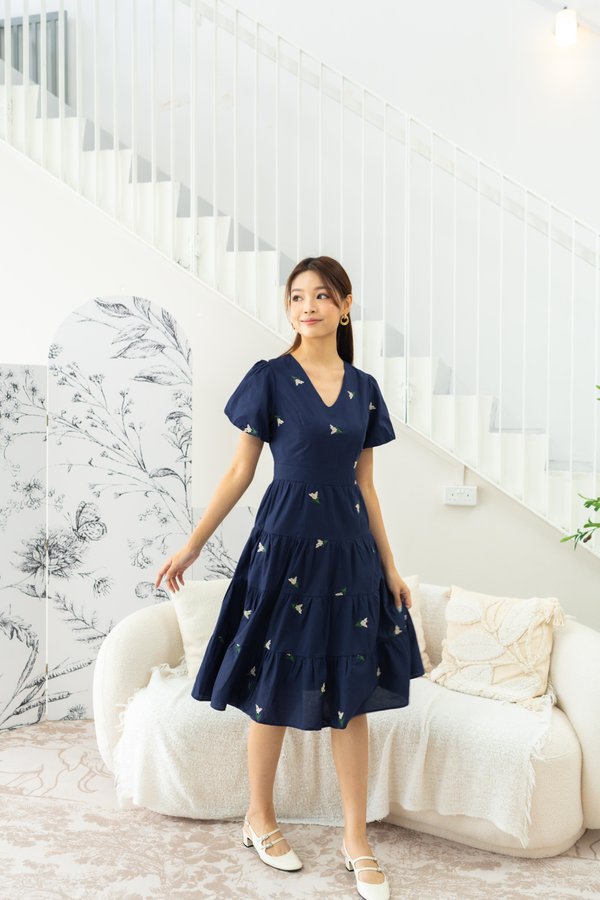 Veronica Lavender Embroidery Dress In Navy