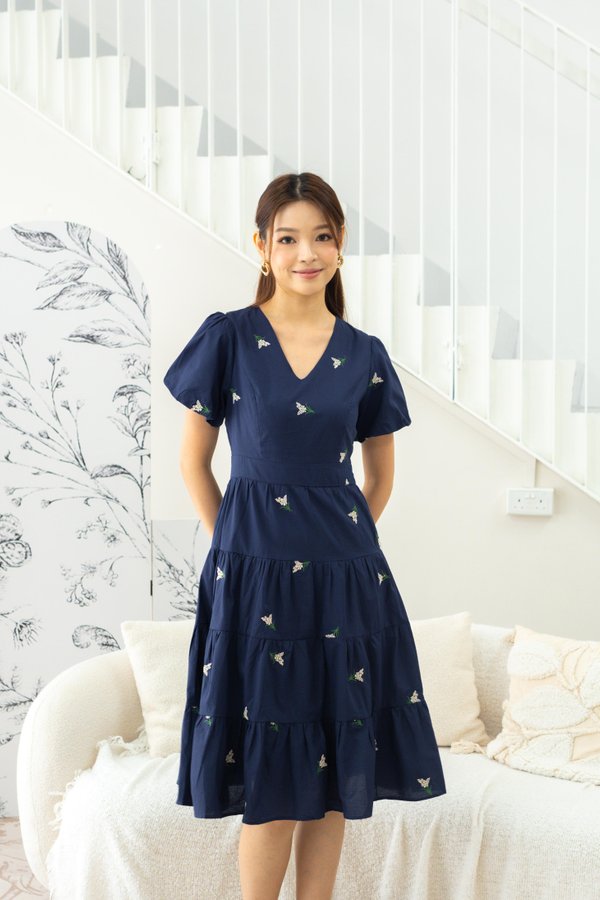 Veronica Lavender Embroidery Dress In Navy