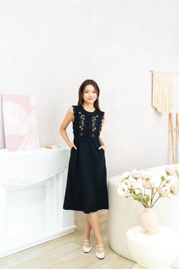 Micole Embroidery Linen Dress In Black