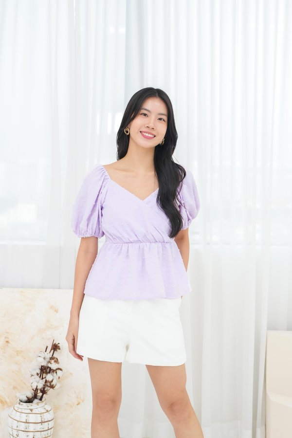 Reina Swiss Dot Peplum Top In Lavender