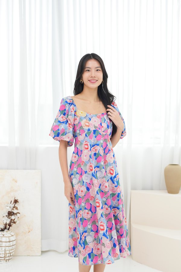 Miya Watercolour Floral Dress In Pink/Blue