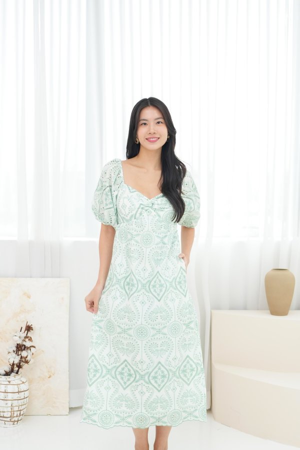 Priya Embroidery Knot Midi Dress In Sage Green