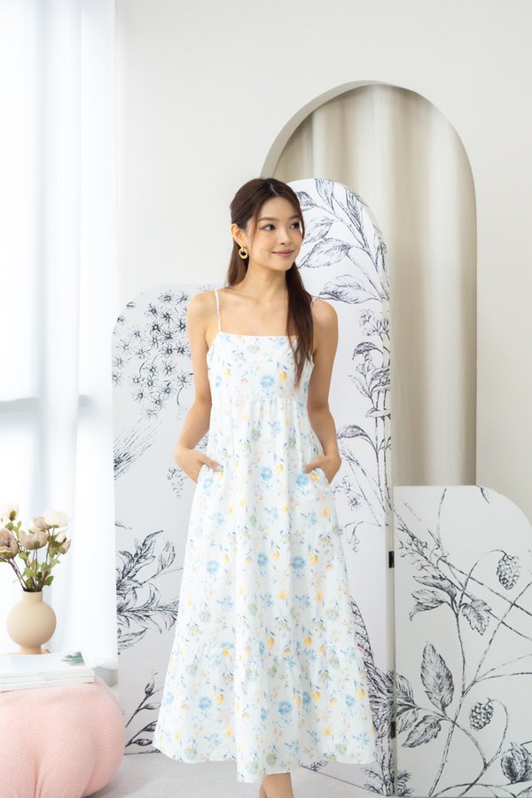 Chantae Spaghetti Tier Dress In Blue Floral