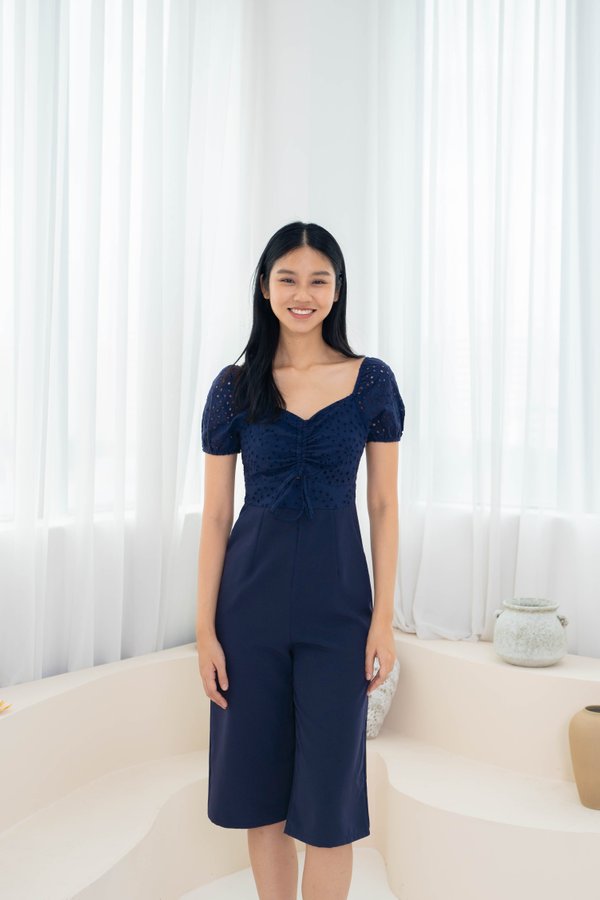 Harlie Ruched Eyelet Jumpsuit In Navy