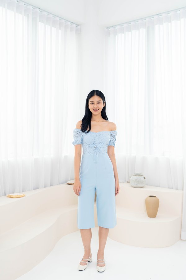 Harlie Ruched Eyelet Jumpsuit In Light Blue