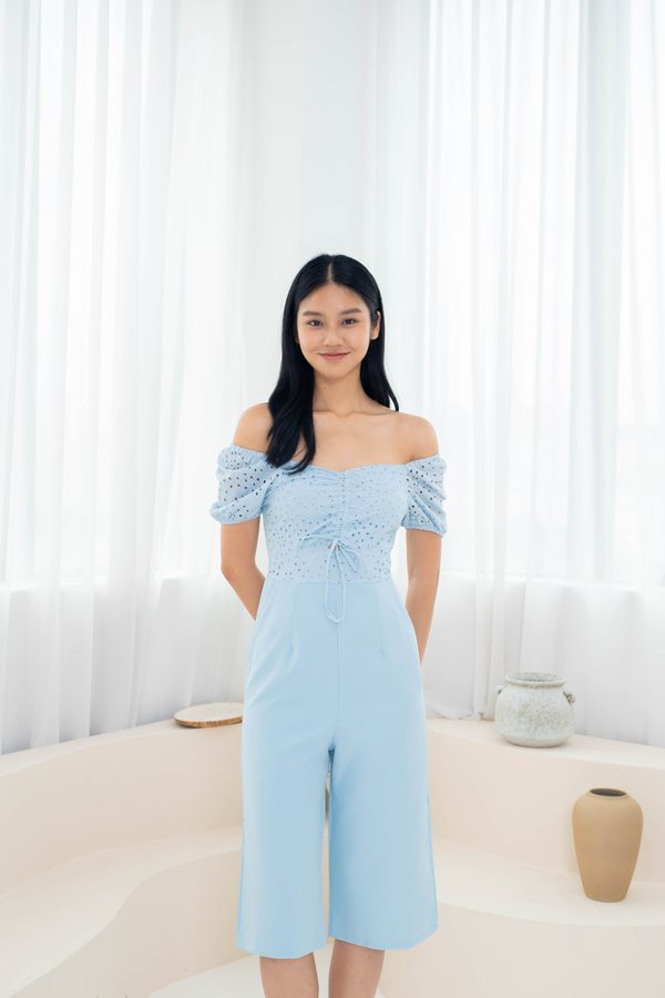 Harlie Ruched Eyelet Jumpsuit In Light Blue