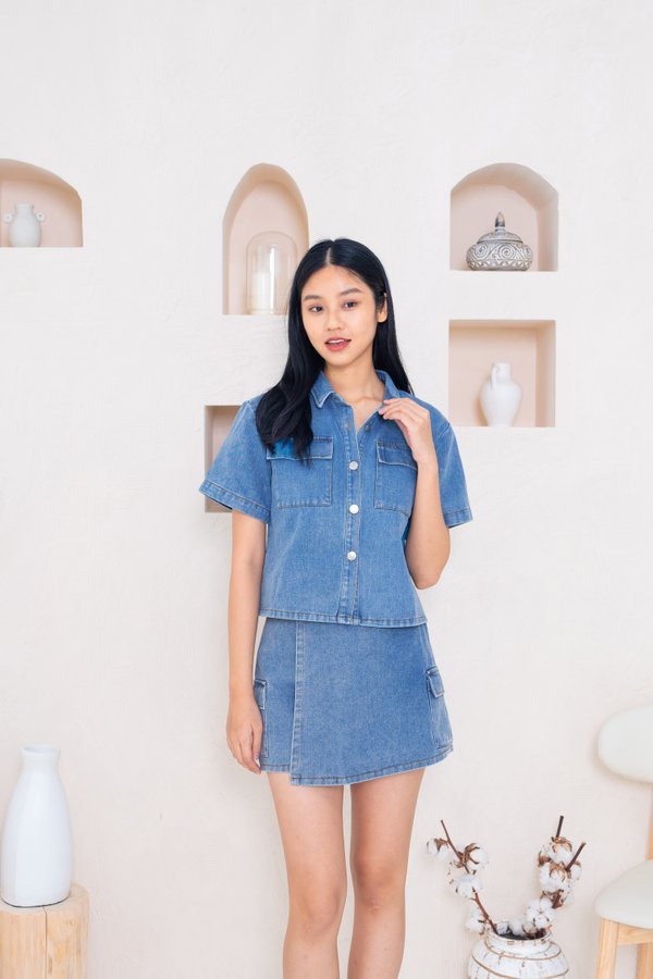 Wendy Denim Cargo Top In Dark Wash