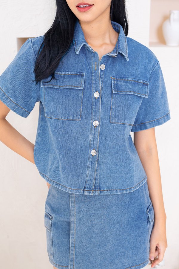 Wendy Denim Cargo Top In Dark Wash