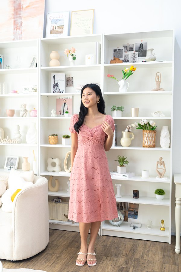 Nicola Eyelet Twist Knot Dress In Coral