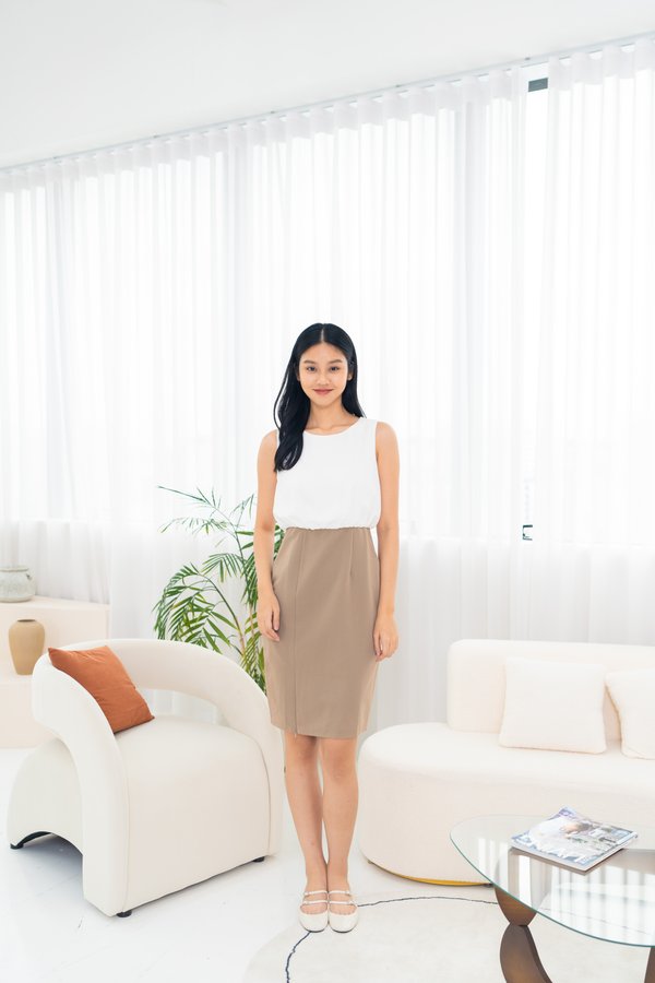 Elowen Colourblock Dress In White/Khaki