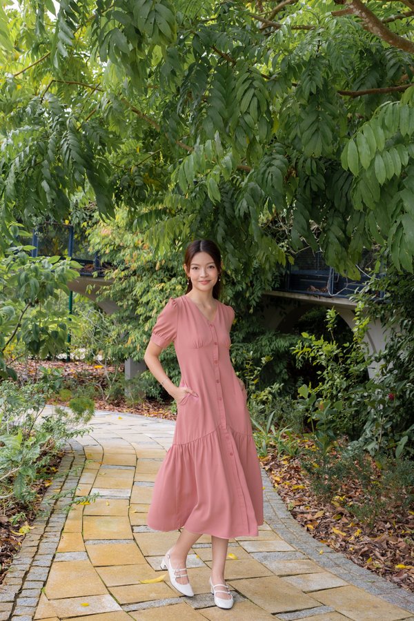 Madeline Sleeves Buttons Dress In Coral