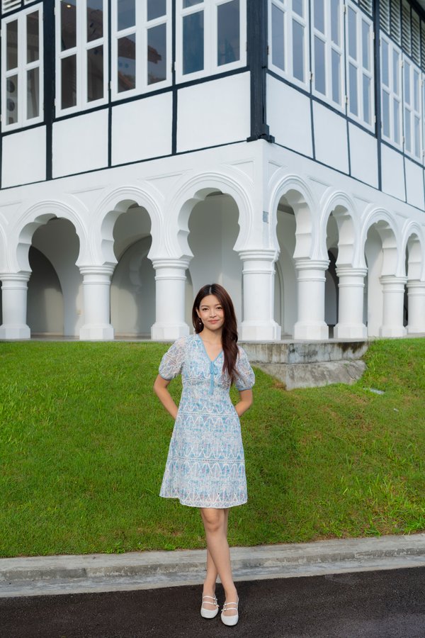 Callista Prints Embroidery Sleeve Dress In Blue