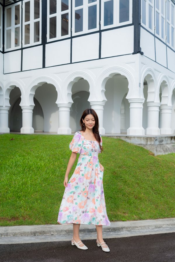 Adrienne Pleats Lace Up Dress In Spring Floral