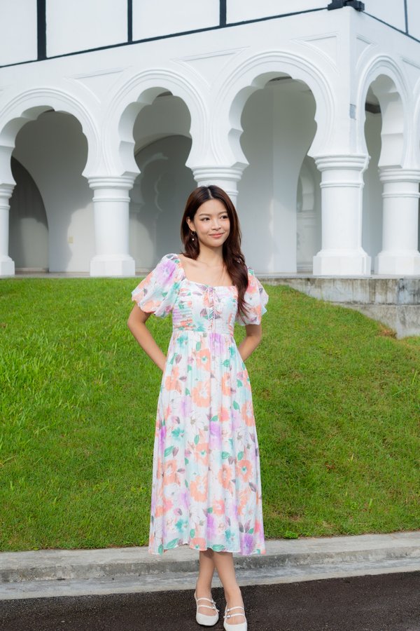 Adrienne Pleats Lace Up Dress In Spring Floral