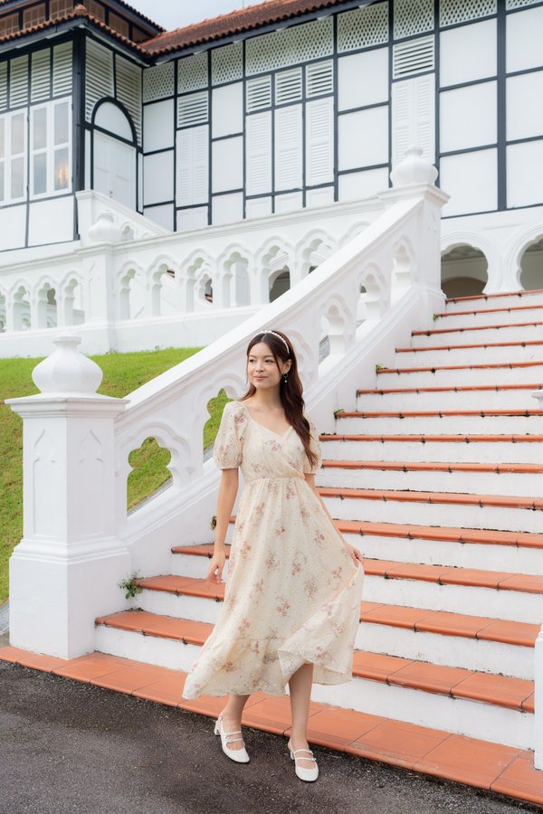 Aurora Floral Print Embroidery Dress In Cream