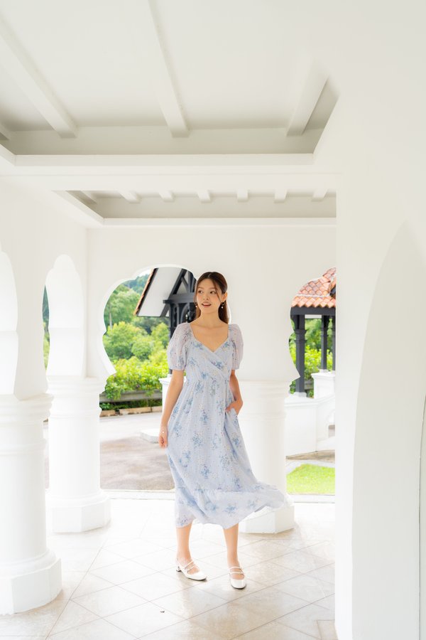 Aurora Floral Print Embroidery Dress In Blue