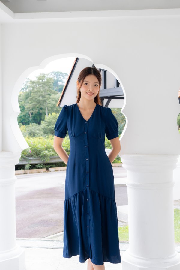 Madeline Sleeves Buttons Dress In Navy