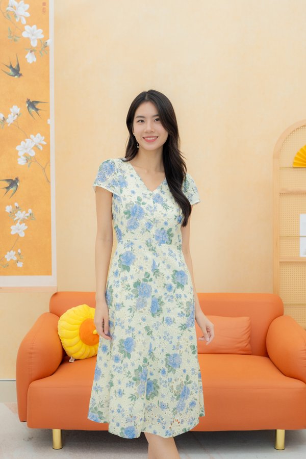 Zen Oriental Eyelet Dress In Blue Floral