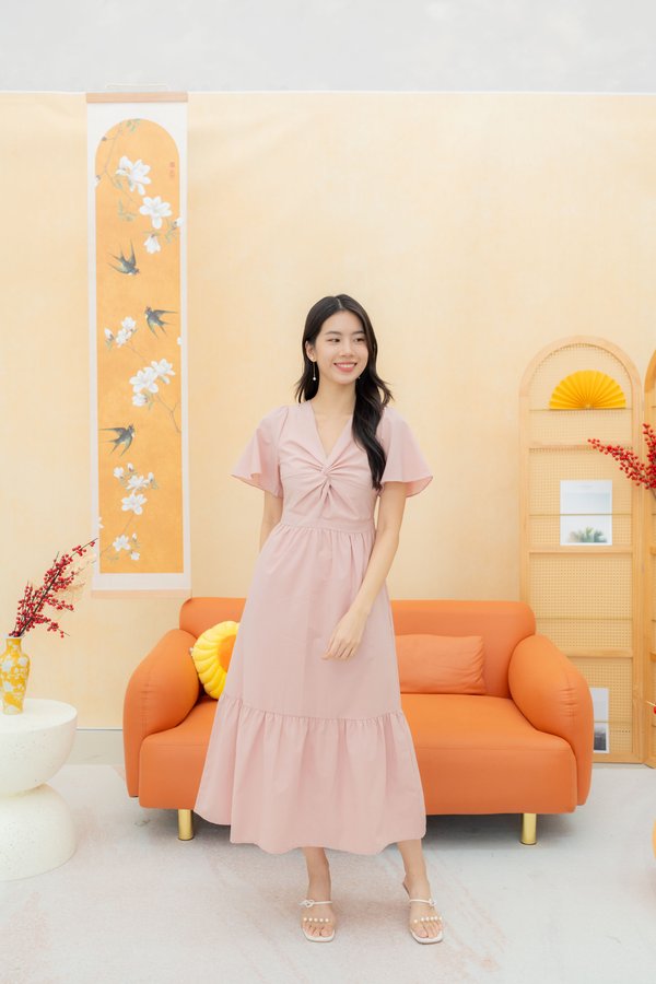 Joella Flutter Sleeve Knot Dress In Pink