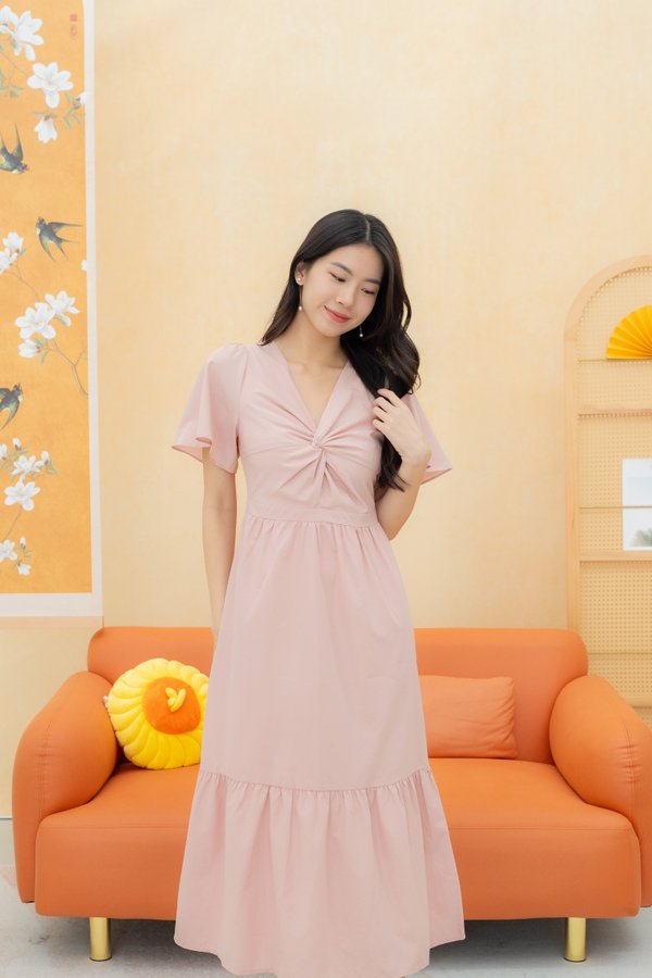 Joella Flutter Sleeve Knot Dress In Pink