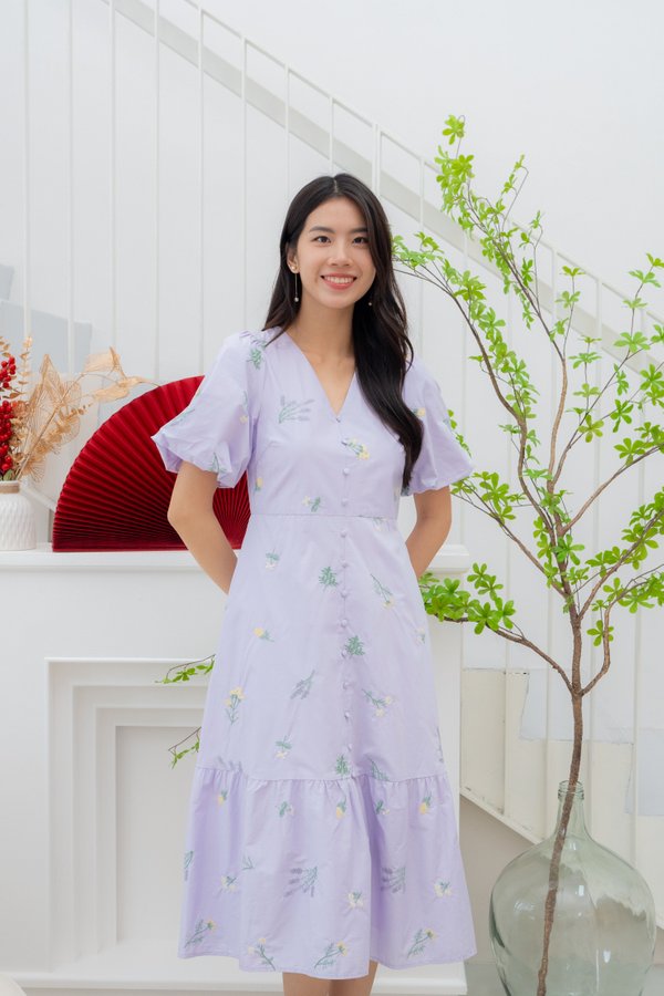 Jolynn Embroidery Midi Dress In Lavender