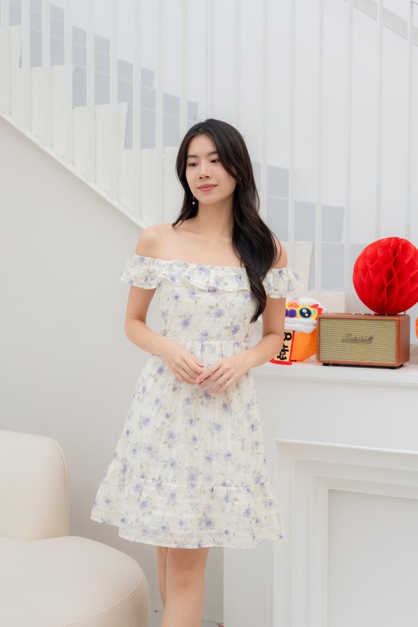 Rosalyn Off Shoulder Floral Dress in Lavender