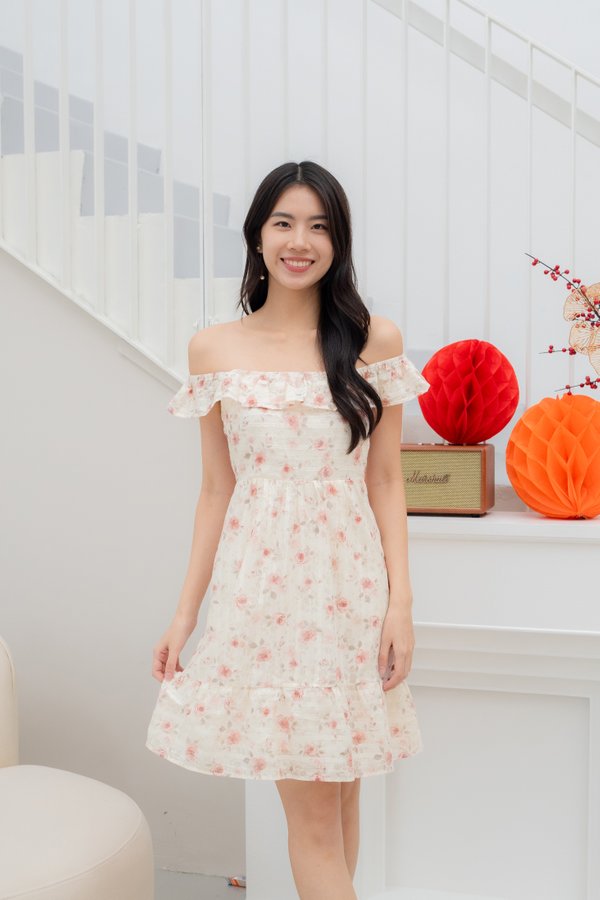 Rosalyn Off Shoulder Floral Dress in Pink