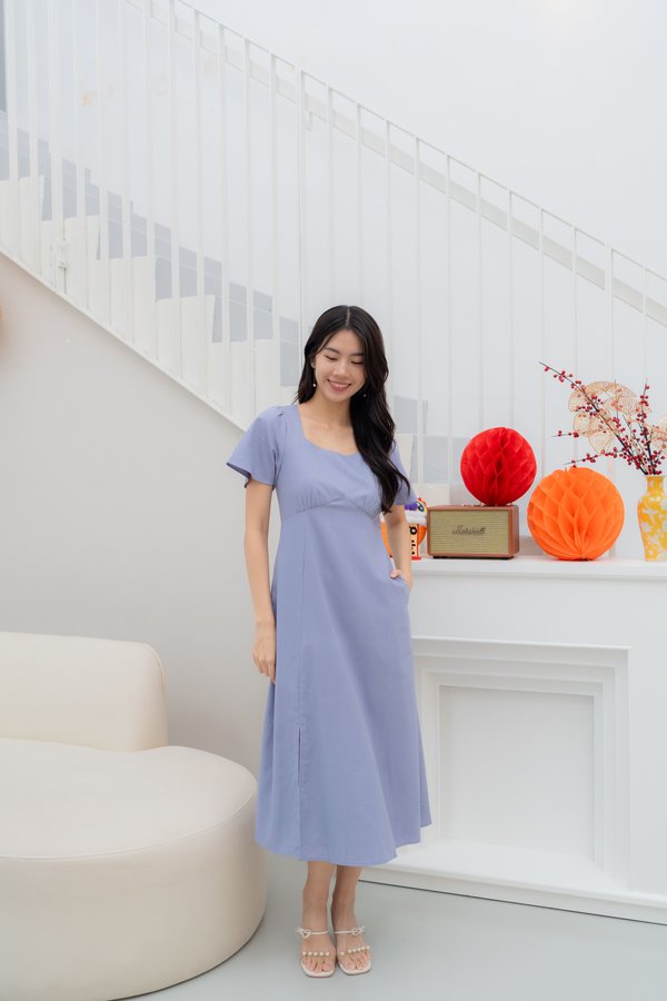 Selena Flutter Sleeve Slit Dress In Periwinkle Blue