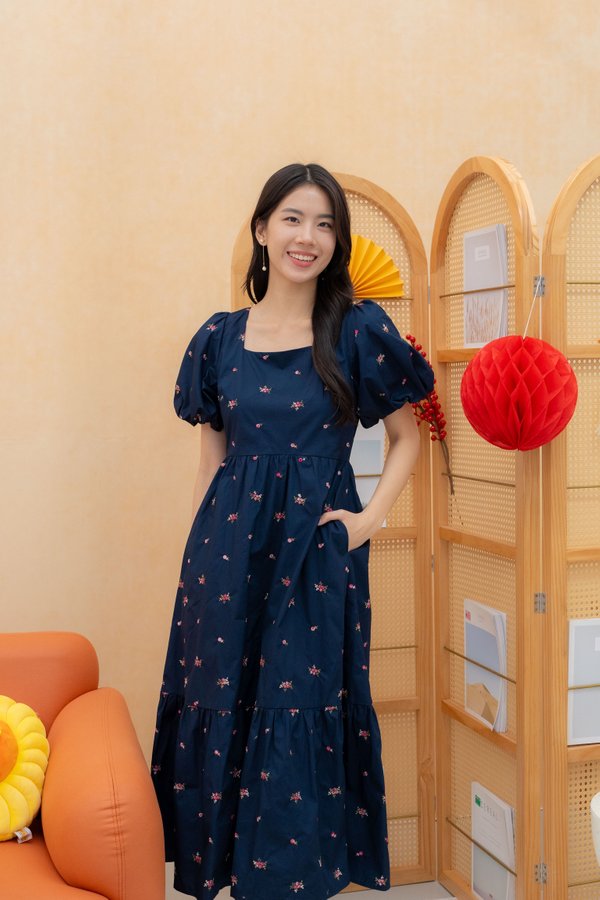 Hanna Embroidery Square Neckline Dress In Navy