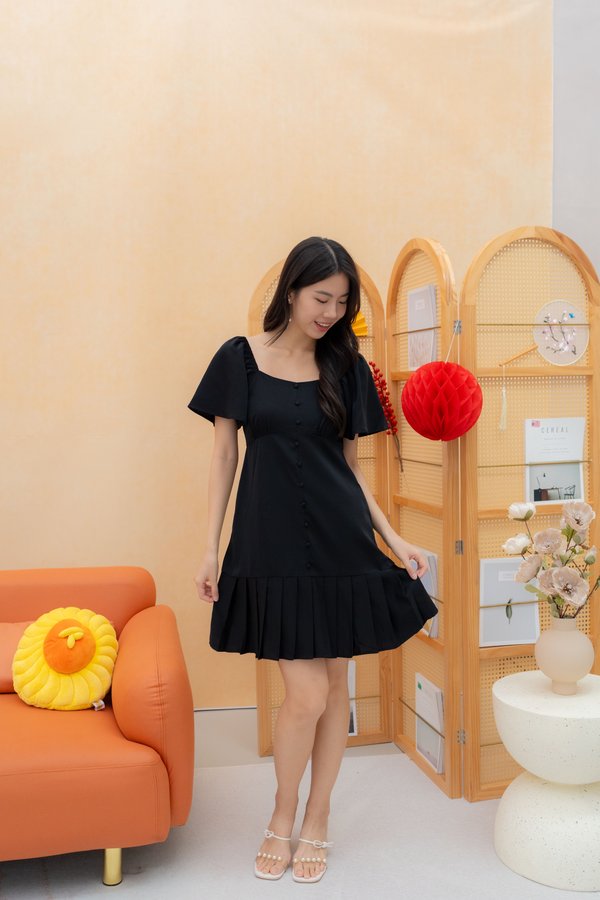 Genesis Pleated Flutter Sleeves Dress Romper In Black