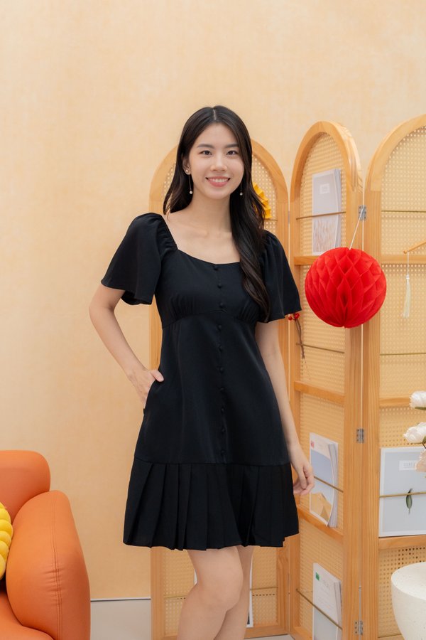 Genesis Pleated Flutter Sleeves Dress Romper In Black