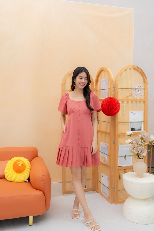 Genesis Pleated Flutter Sleeves Dress Romper In Coral