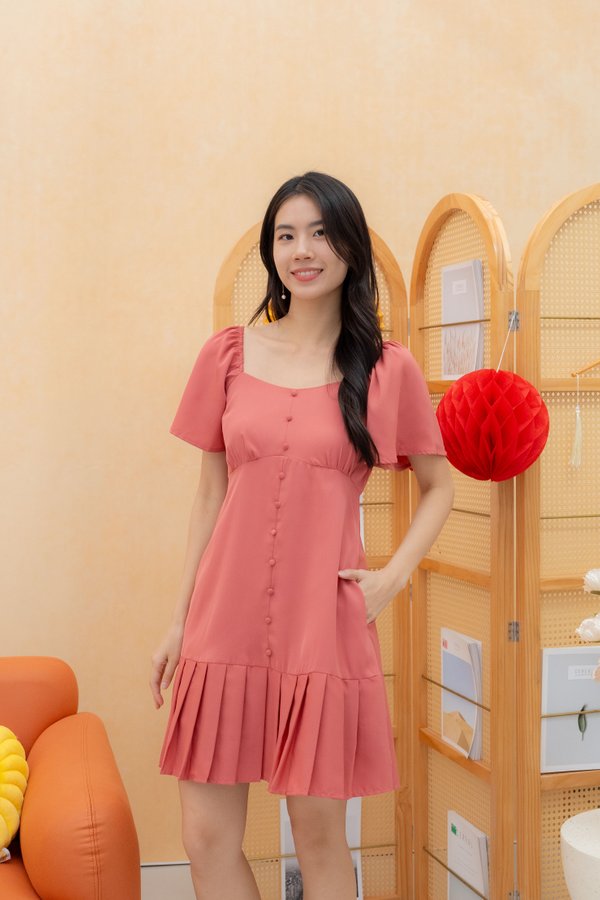 Genesis Pleated Flutter Sleeves Dress Romper In Coral