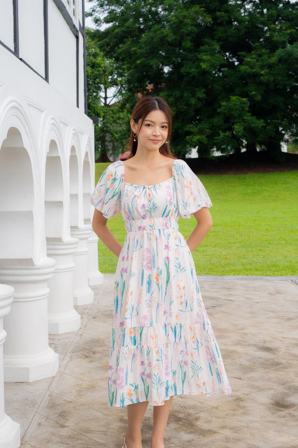 Mello Sleeve Ruched Tie Dress In Blue Floral