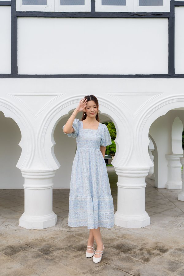 Zena Embroidery Square Neckline Dress In Blue