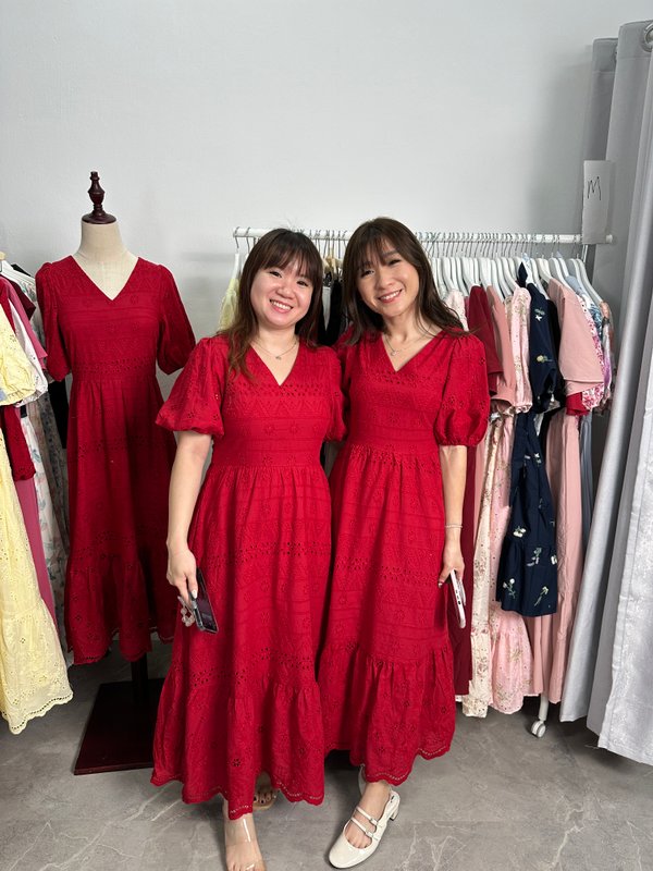 Gerlyn Eyelet Sleeves Dress In Wine Red